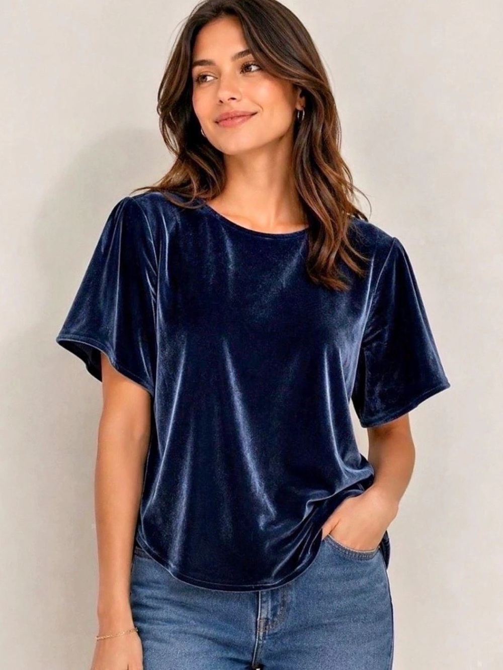 Madewell Blue Velvet Top Short Flutter Sleeve Size Medium NWT